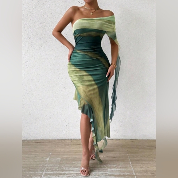 Ombre Print One Shoulder Ruched Ruffle Trim Dress Maxi Women Outfit - Picture 1 of 7